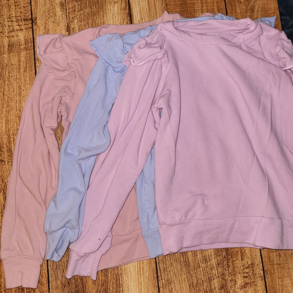 bundle of 3 Ruffled Sweatshirts in Pink, Blue, and Purple size 8